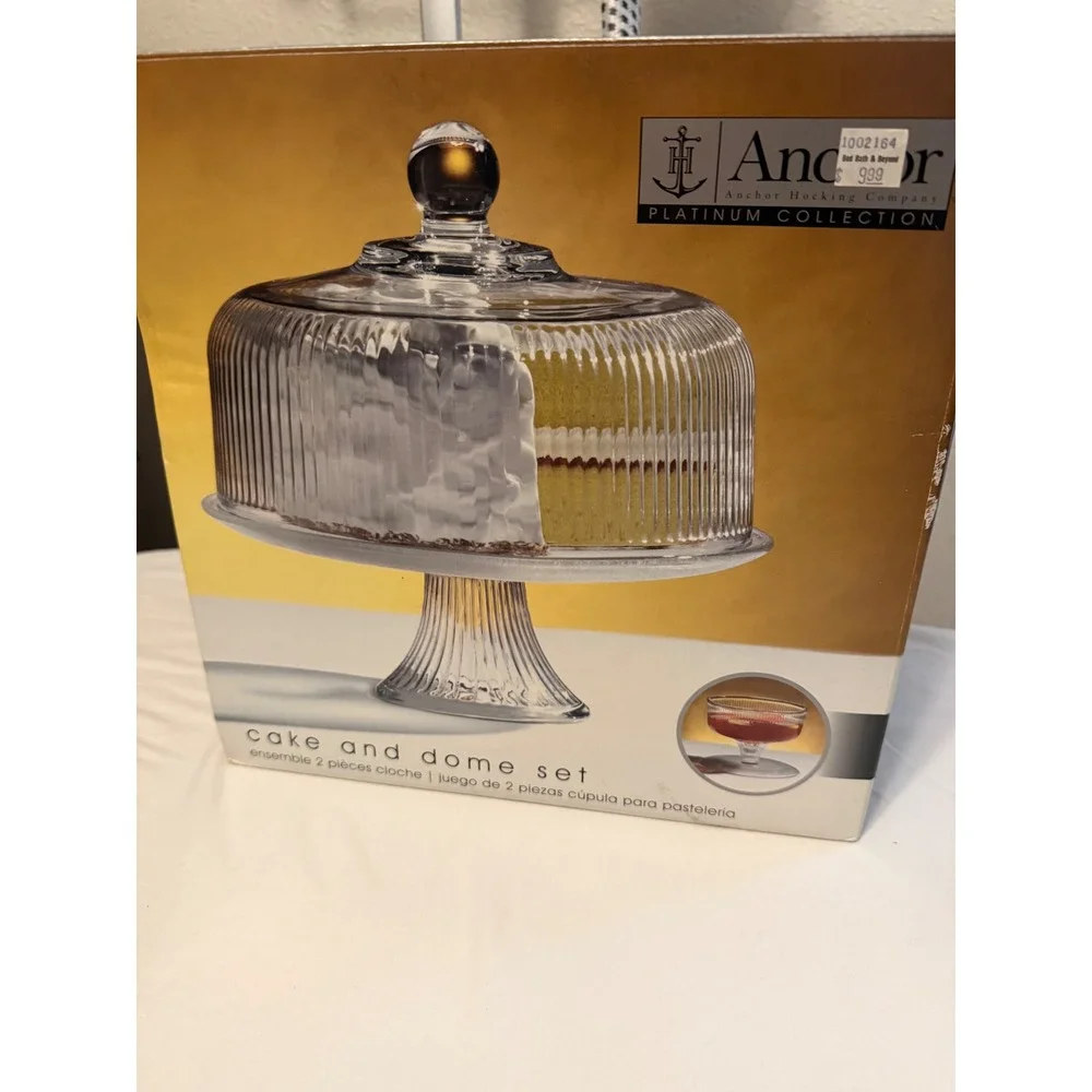 Anchor Hocking Platinum Collection Glass Cake Stand and Ribbed Dome Lid Set